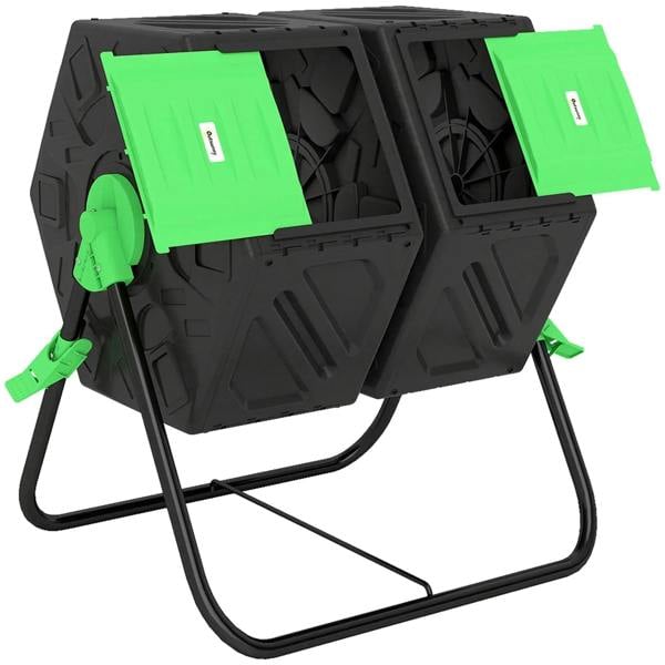 Black dual-chamber compost bin with green hinged lids and front handle on metal legs