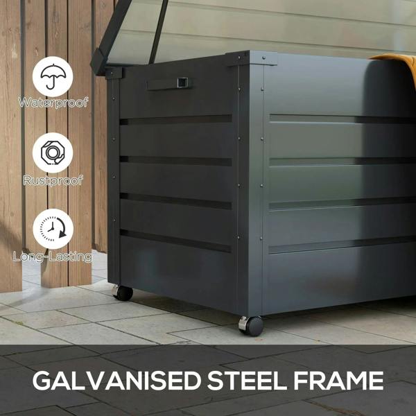 Dark grey galvanised steel garden storage box, side view, on wheels.