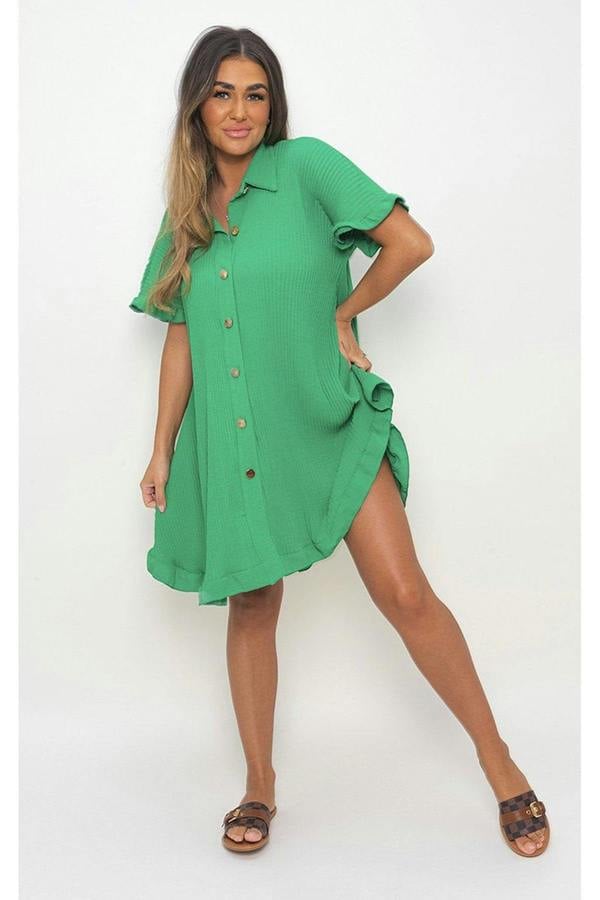 Prisha Button Down Oversized Ruffle Short Sleeve Mini Dress - Green