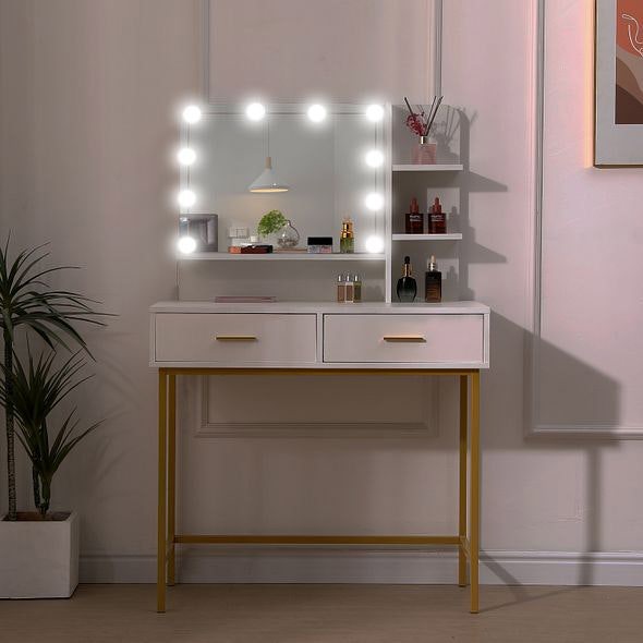 MMT Furniture Designs White Dressing Table Gold Legs Female Vanity Desk with LED Lights, Make Up Desk