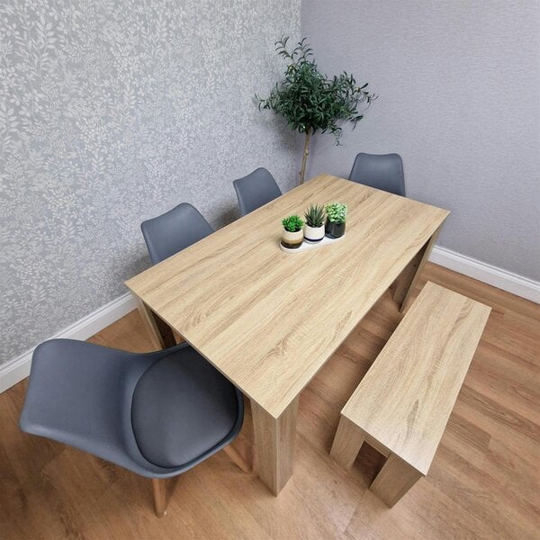 Kosy Koala Oak Effect Dining Table Set With 4 Grey Plastic Chairs And Bench Dining Room Furniture