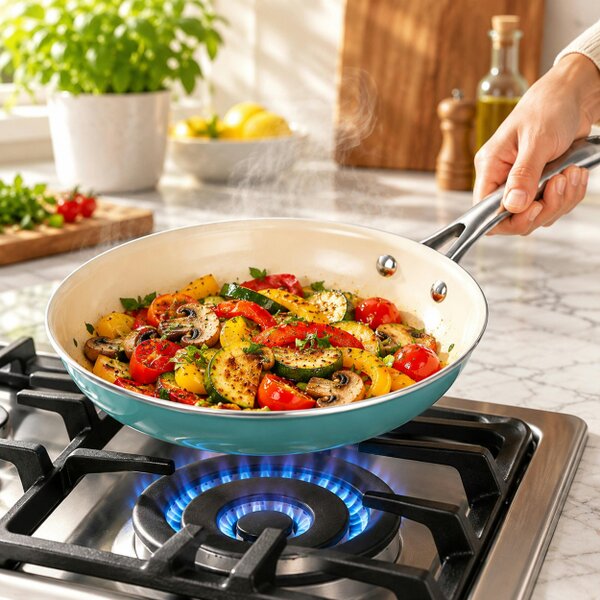Gr8 Home 12 Piece Ceramic Non Stick Induction Cookware Set Teal Pots & Pans Lids Utensils