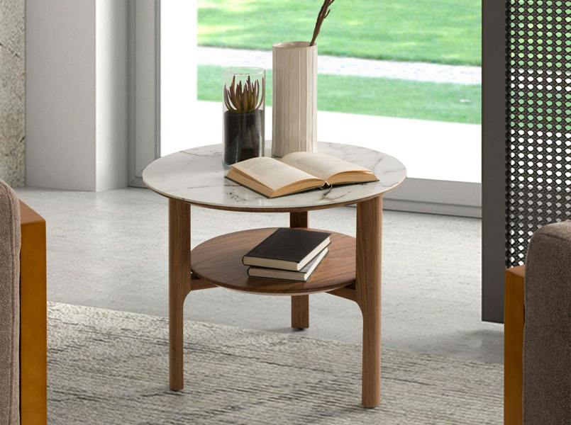 Angel Cerdá Porcelain Marble and Walnut Round Corner Table 2047