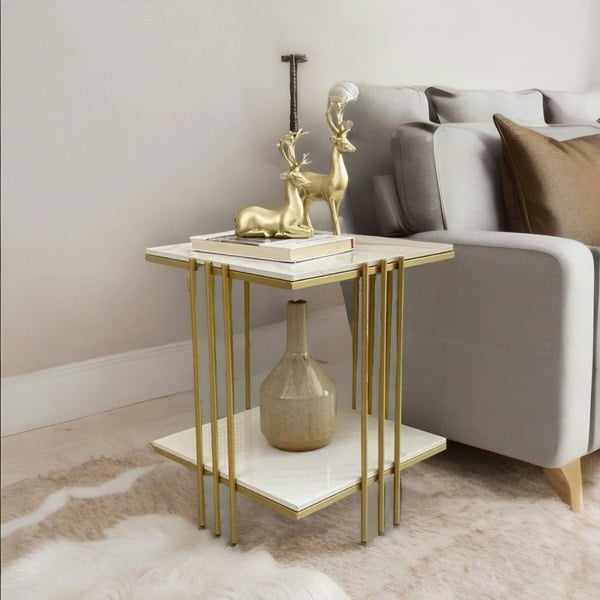 Rafaelo Mobilia 2 Tier Square Faux Marble Side Table Gold