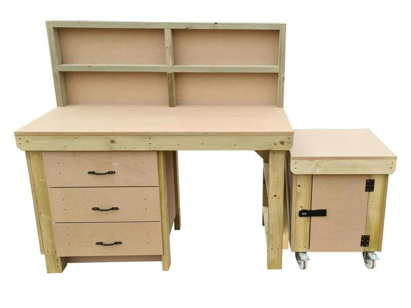 Wooden MDF Top Workbench (V.6) – Sturdy Workstation with Drawers, Back Panel and Functional Lockable Cupboard, Ideal for Garages, Workshops, and Studios.