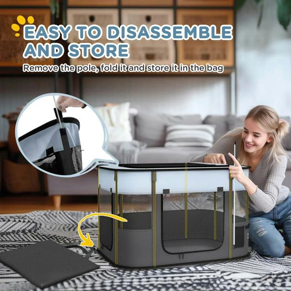 Grey foldable dog playpen with front mesh door, folding frame for easy storage in bag