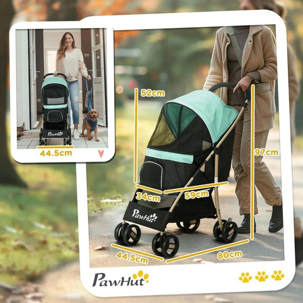 Green pet stroller with black frame and canopy, shown with standing adult