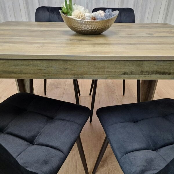 Kosy Koala Dining Table and 4 Chairs Rustic Effect Wood Table 4 Black Velvet Chairs Dining Room