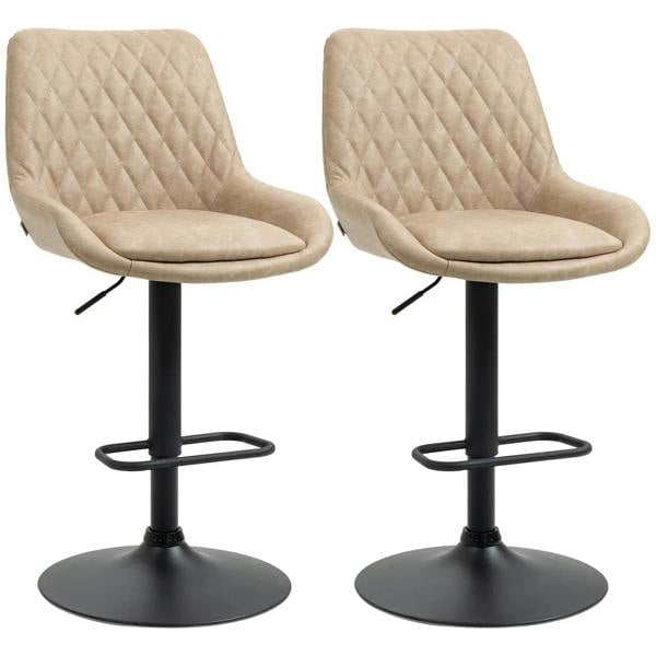Set of 2 light khaki upholstered bar stools with backrest and swivel seats