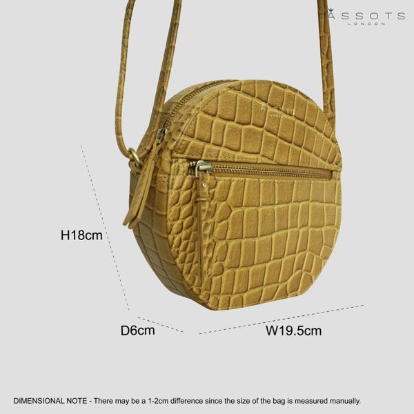 Assots London 'Jane' Mustard Croc Leather Round Designer Crossbody Bag