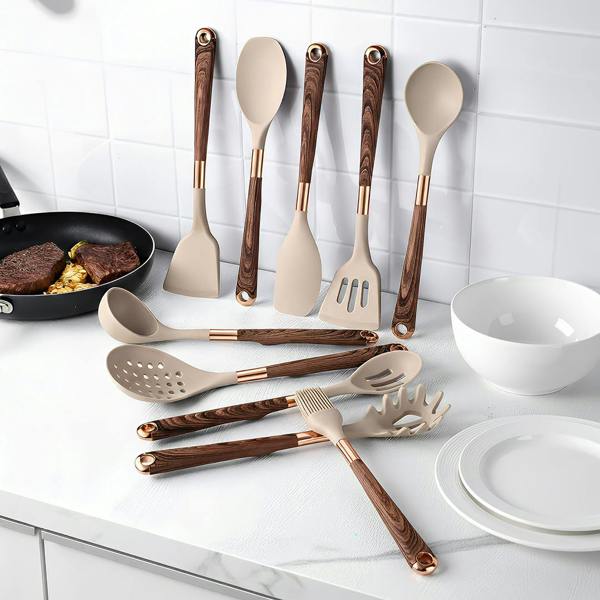 Anygleam Kitchen Utensils Non-stick Brown 10 Set Gold Plated Handle with Support Point Cooking Tool Accessories Heat Resistant Kitchenware