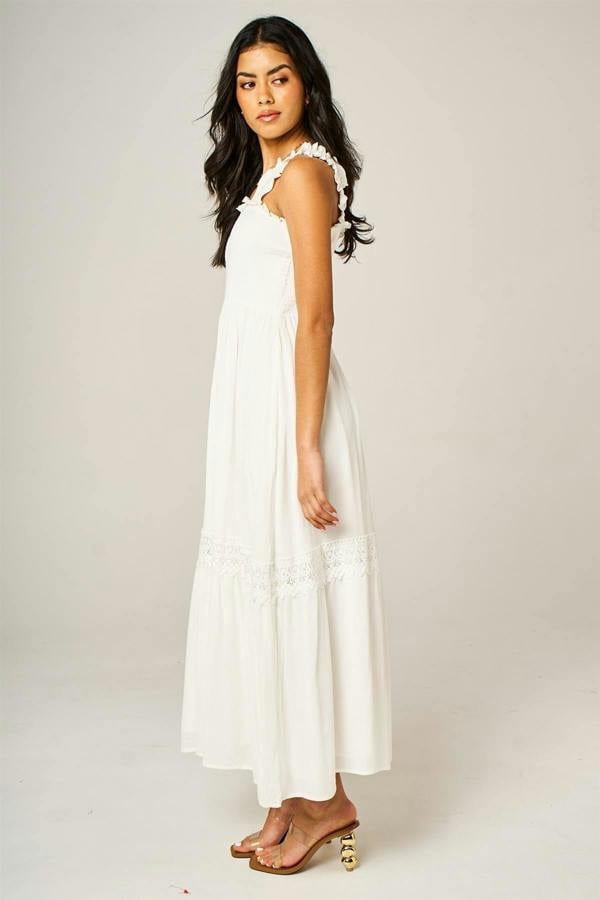 FS Collection Lace Detail Tiered Maxi Dress In White