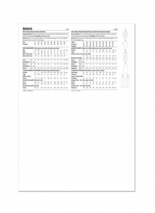 Butterick Sewing Pattern 6945, Tops, Dresses, Trousers for Women, B5 (8-10-12-14-16) - Easy