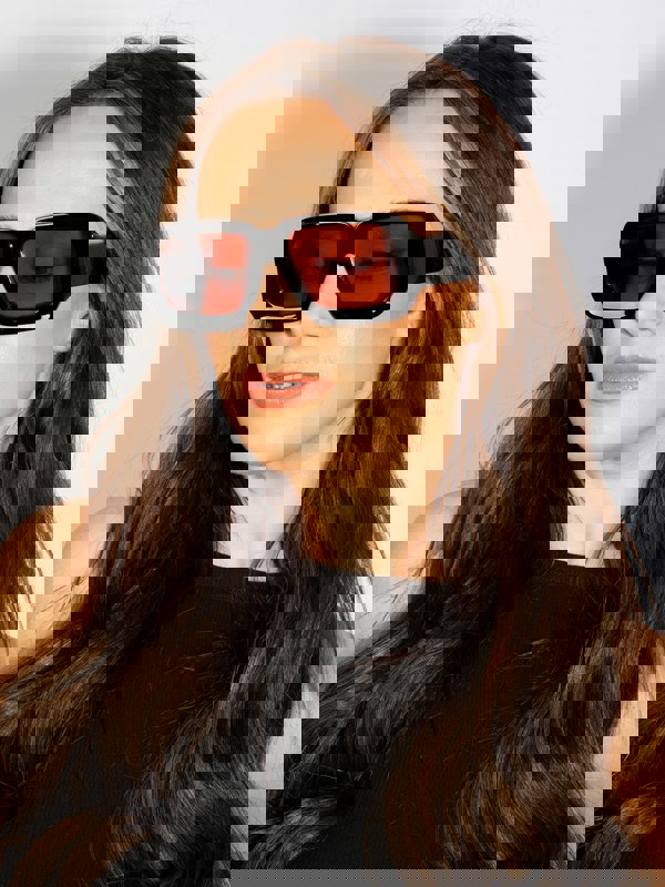 SVNX Oversized Square Frame Sunglasses In Black with Orange Lenses