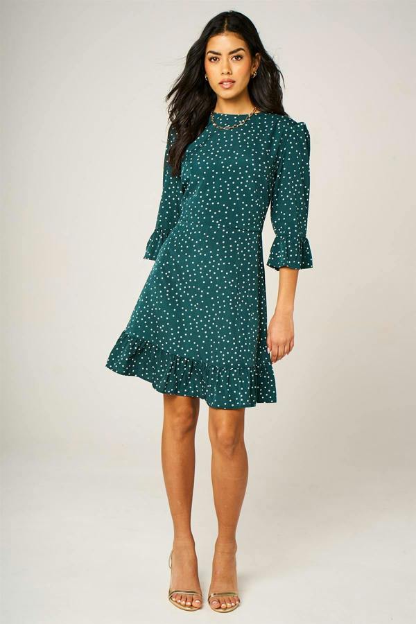 FS Collection Little Dot Print Frill Detail Mini Dress In Green
