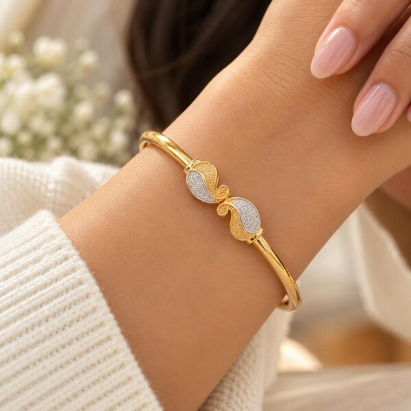 The Colourful Aura Gold Silver Two-Tone Pavé Paisley Bangle Bracelet