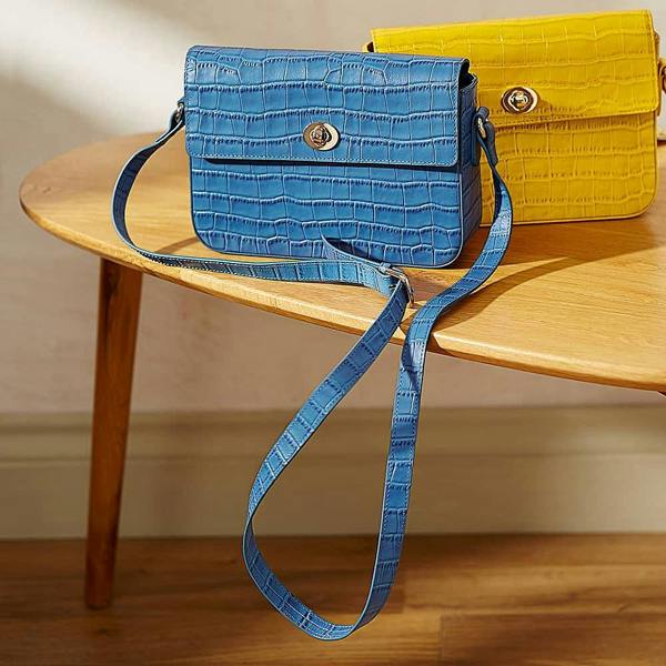 Pia Blue Croc-Embossed Leather Cross-Body Bag, Slim Satchel with Gold