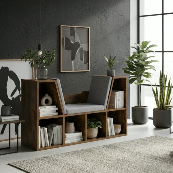 Wyld Haus Kalavi Wood Rustic Brown Cube Bookcase With Cushioned Reading Seat