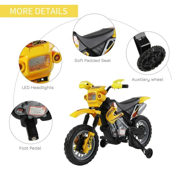Yellow kids electric motorcycle with soft padded seat, LED headlights, and auxiliary wheels