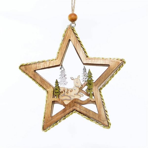 10x11cm Wooden Christmas Tree Hanging Decoration with Lying Deer and Gold Glitter Border image 1