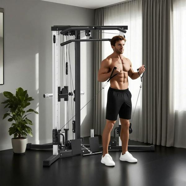 Multifunctional gym cable machine with high-low pulleys, pull-up bar, and handle grips, black frame