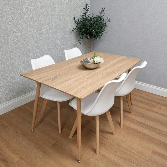 KOSY KOALA 4 Seater Modern Dining Table 140cm with Wood Effect Metal Leg and 4 White Chairs for Kitchen & Dining Room Furniture Set