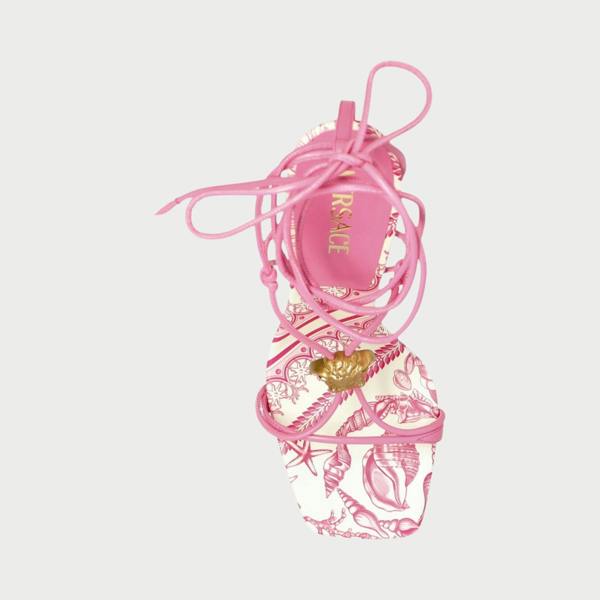 Supplied Fashion pink and white square-toe heeled sandals with Medusa charm and lace-up ankle straps