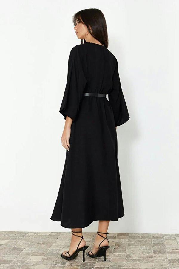 Belted A-Line Wrap Collar Batwing Sleeve Midi Dress
