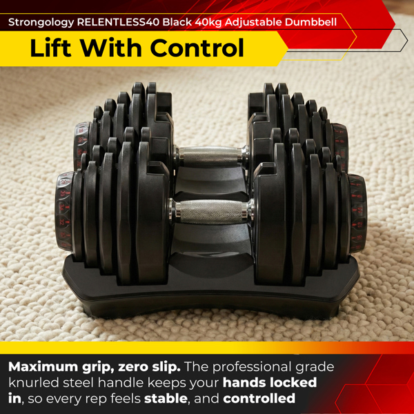 Strongology Home Fitness Adjustable Smart Dumbbell Pair from 5kg to 40kg Training Weights in Black