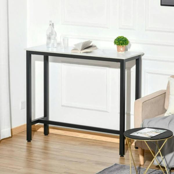 Rectangular bar table with white marble-effect top and black frame, open lower shelf