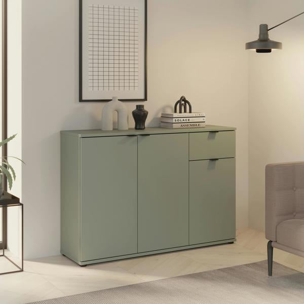 Furniture To Go Ganymede Wide 3 Door Cupboard with Drawer in Sage Green
