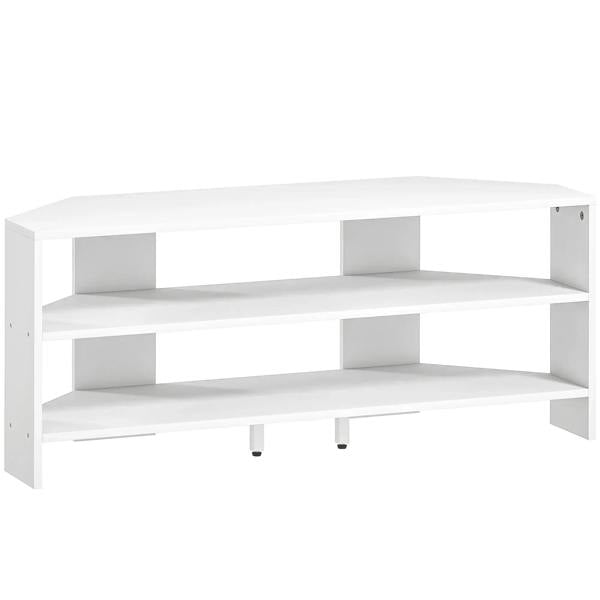White corner TV stand with open shelves, flat top, and two side cabinets for media storage
