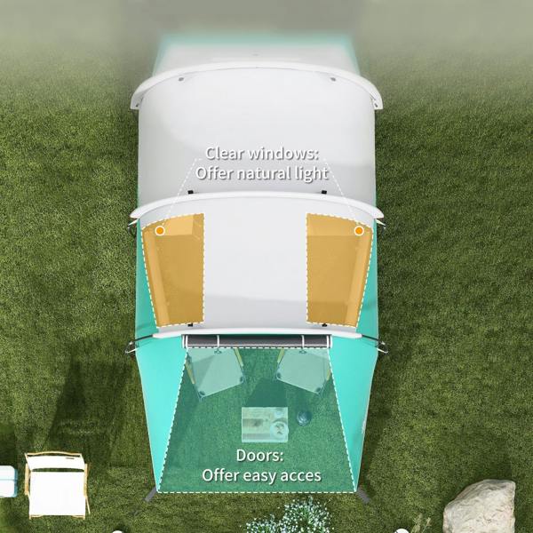 Overhead view of green two-room tunnel tent with clear window panels and two door openings