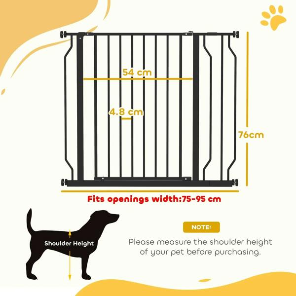 Black pressure-mounted dog safety gate outline with vertical bars and side extensions