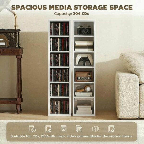 Bobobiy Set of 2 CD Media Display Shelf Unit Tower Rack with Adjustable Shelves, High Gloss White