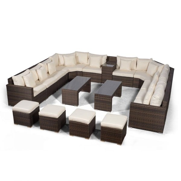 Giardino Santorini U Shape Modular 10 Seat Rattan Sofa Set With Armrest Drinks Cooler, 2 Coffee Tables & 4 Stools