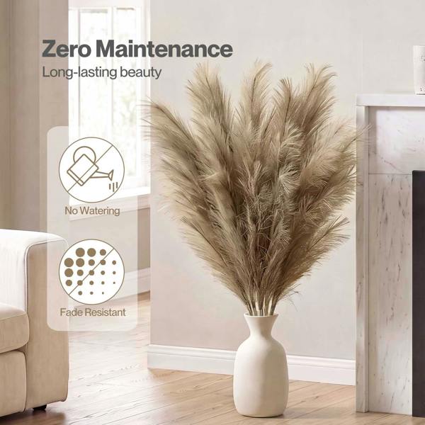 Santaco Pampas Grass Artificial 3Pcs 116cm Handcrafted Faux Silk Vase Brown