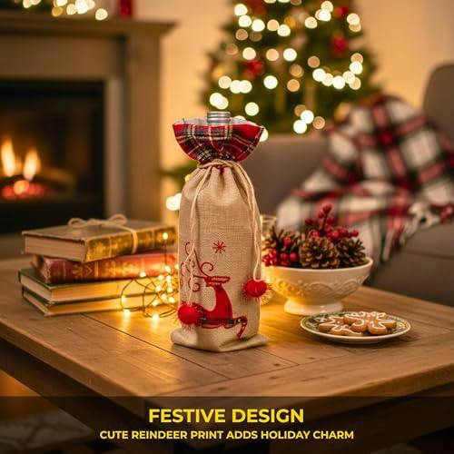 Size 15 x 35 cm Christmas Wine Bottle Cover Bag with Drawstring Reindeer Print for Festive Gift Display image 5