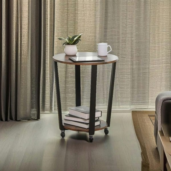Modcraft Round Industrial Side Table – Rustic Brown & Black Steel Frame for Living Room & Bedroom