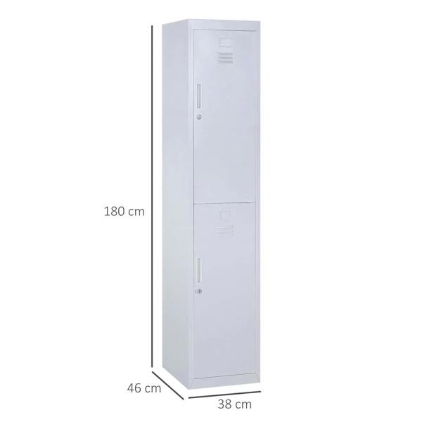 Grey vertical locker cabinet with two doors; size shown 180 x 38 x 46 cm