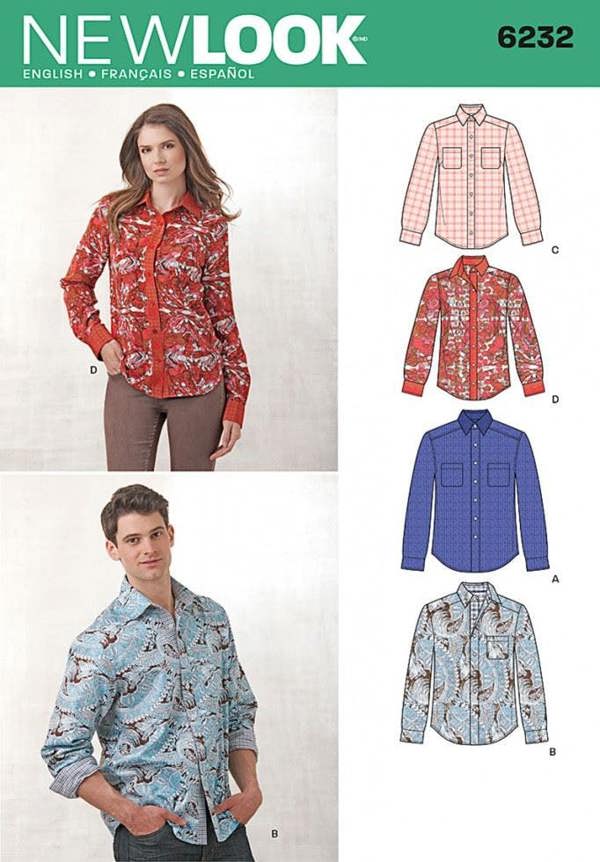 New Look Sewing Pattern 6232, Shirts for Men, Women, 8-10-12-14-16-18 - Intermediate