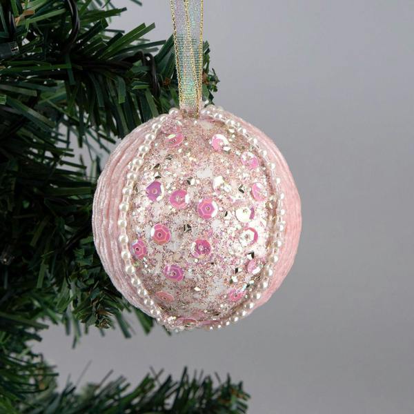7cm Baby Pink Glitter Round Christmas Baubles, Set of 3 Hanging Decorations with Pearls and Sequins image 4
