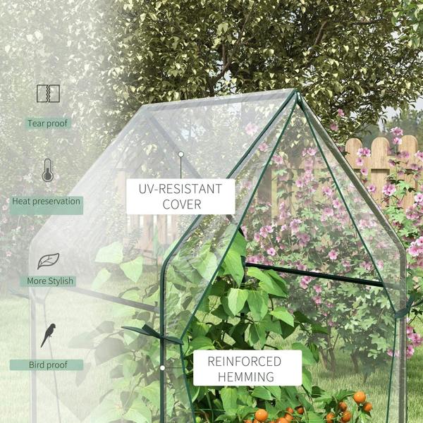 Clear UV-resistant mini greenhouse cover over flowering plants, black frame