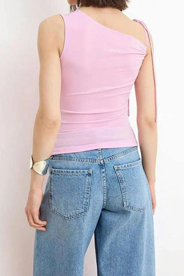 WOVCOR Fitted Asymmetrical Neckline Tie Detail Stretch Knit Blouse