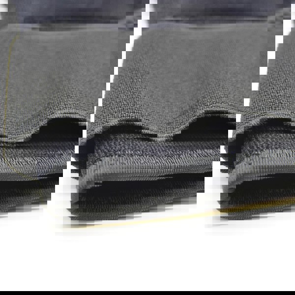 Close-up of black fabric with stitching detail on a knee support