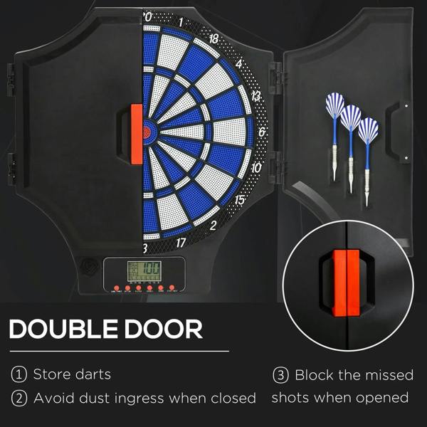 Electronic dartboard with blue target center and side doors; orange latch detail