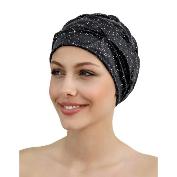Shiny black and silver sequined fabric swim cap with stretchy shine