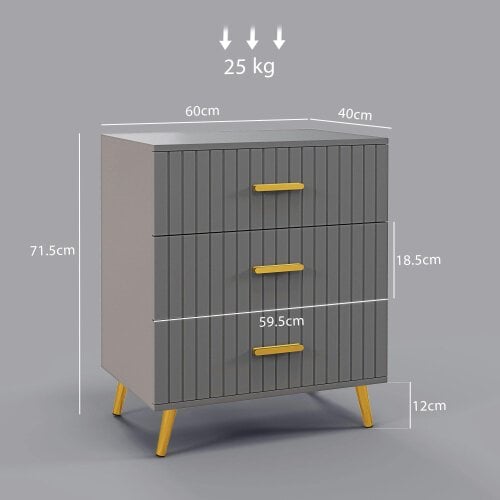 Wyld Haus Momase Tall Wooden Grey And Gold Tone 3 Drawer Embossed Bedside Table