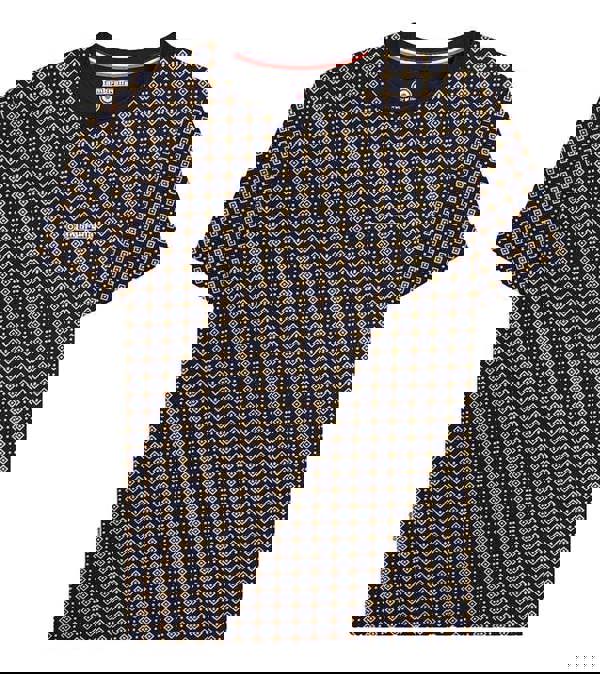 Lambretta Mens All Over Geometric Smart Classic Retro T-Shirt, a black T-shirt featuring an all-over pattern of small yellow and blue geometric shapes combining squares and diamonds, with a small Lambretta logo on the chest.