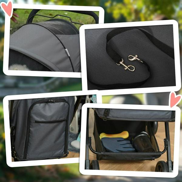 Grey pet stroller detail collage: padded seat, hooks, storage basket, and canopy.